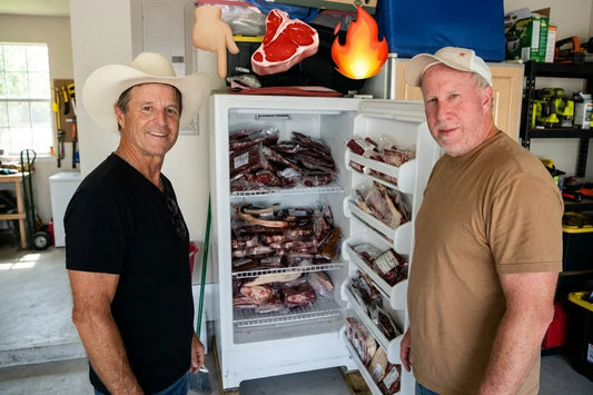 Two men pose beside an open freezer filled with packaged meat.