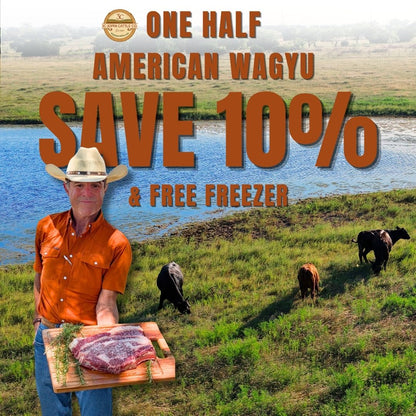 A promotional graphic for 'One Half American Wagyu' featuring a man in a cowboy hat holding a raw wagyu cut on a wooden board, set against a rural landscape with cows and large text reading 'SAVE 10% & FREE FREEZER'.