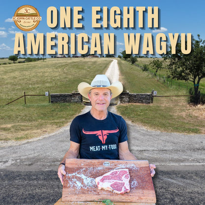 A man in a cowboy hat stands outdoors holding a wooden cutting board with a raw steak, with large promotional text reading 'ONE EIGHTH AMERICAN WAGYU SAVE 10%' and a logo at the top. The shirt he wears shows the brand 'MEAT-MY FOOD'.