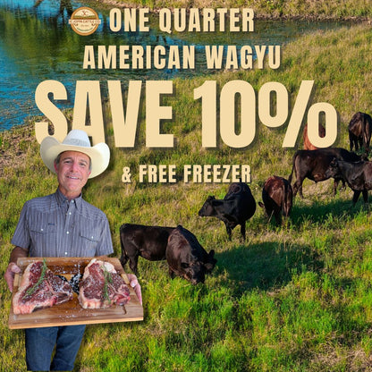 A promotional graphic for American Wagyu beef featuring a man in a cowboy hat holding two raw ribeye steaks on a cutting board, with several black Wagyu cows grazing in a grassy field beside a river. Large text reads 'ONE QUARTER AMERICAN WAGYU SAVE 10% & FREE FREEZER.