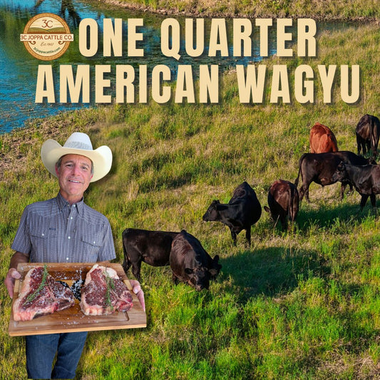 promotional image with texas rancher holding steak and advertising one quarter beef
