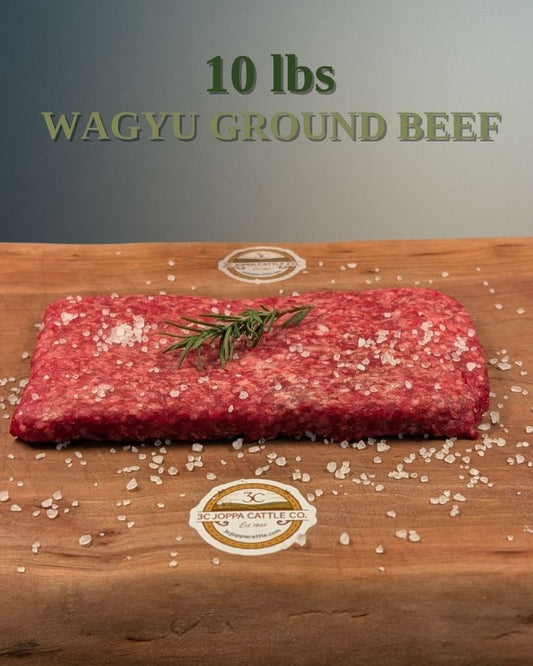 10 lbs of Wagyu ground beef on a wooden cutting board with salt and rosemary, branded 3C joppa cattle co